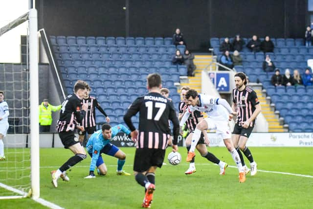 AFC Fylde's Danny Whitehead spurns a chance to score Picture: Steve McLellan