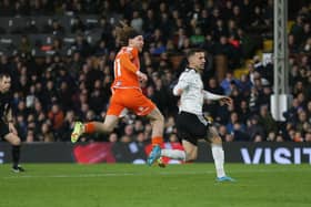Josh Bowler scores for Blackpool at Fulham on Saturday