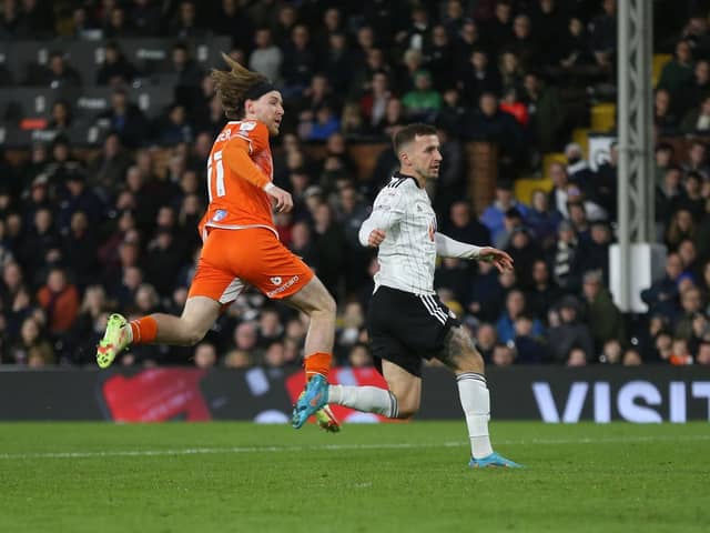 Josh Bowler scores for Blackpool at Fulham on Saturday