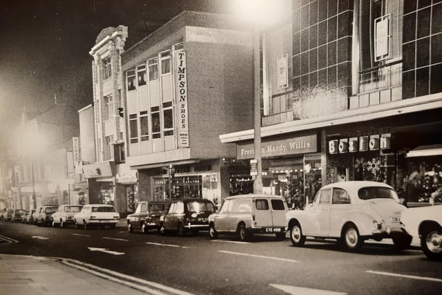 A night scene of central Blackpool. Shopkeepers had put all display lights in their windows to support an electricity saving appeal in December 1970