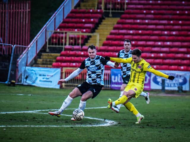 Nick Haughton fires home Fylde's second goal at Gateshead
Picture: STEVE MCLELLAN