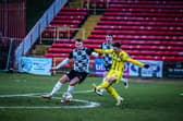 Nick Haughton fires home Fylde's second goal at Gateshead
Picture: STEVE MCLELLAN