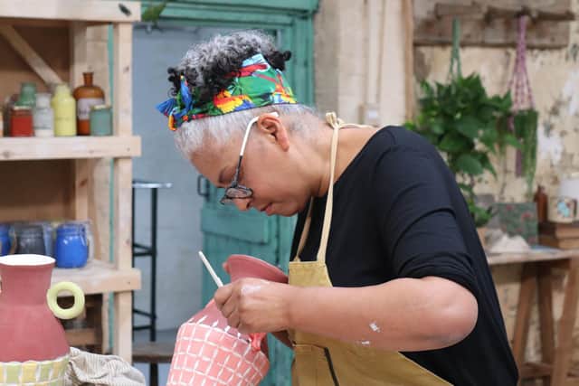 Christine pictured at work on the ceramics which featured in last night's The Great Pottery Throwdown on Channel 4 TV    photo: Love Productions