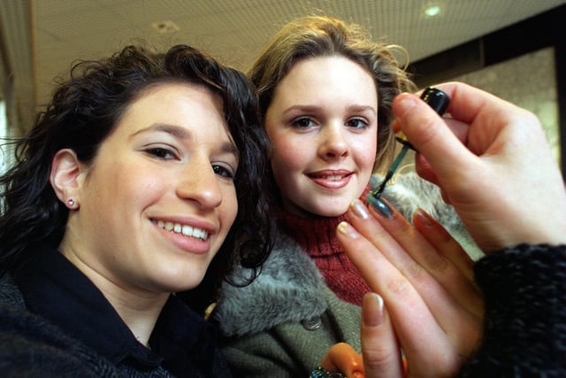 Young entrepreneurs from Gateways School at Harewood launched Renaissance, a firm selling nail varnish. Pictured is Kelly Serr and Lucinda Higgins demonstrating their products at the Merrion Centre.