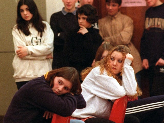 More than 90 14-year-old pupils from three Leeds schools - Cockburn High, City of Leeds and Rodillian - presented their own version of Verdi's comic opera Falstaff at the West Park Music Centre. Pictured are Rodillian pupils Sarah Loftus, left, and Helen Bachelor in rehearsals.