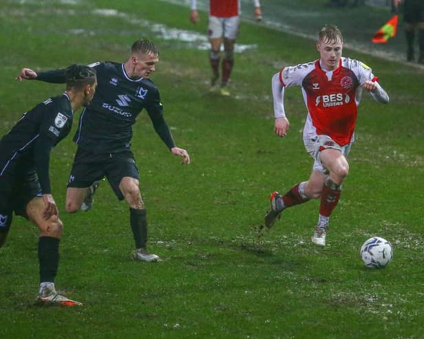 Goalscorer Paddy Lane on the attack for Fleetwood against MK Dons