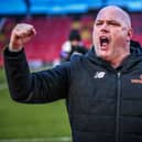 Jim Bentley can't hide his delight over AFC Fylde's vital victory at Gateshead
Picture: STEVE MCLELLAN