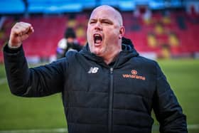 Jim Bentley can't hide his delight over AFC Fylde's vital victory at Gateshead
Picture: STEVE MCLELLAN