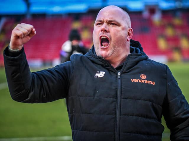 Jim Bentley can't hide his delight over AFC Fylde's vital victory at Gateshead
Picture: STEVE MCLELLAN