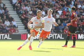 Jerry Yates celebrates scoring Blackpool's equaliser when they drew at AFC Bournemouth in August