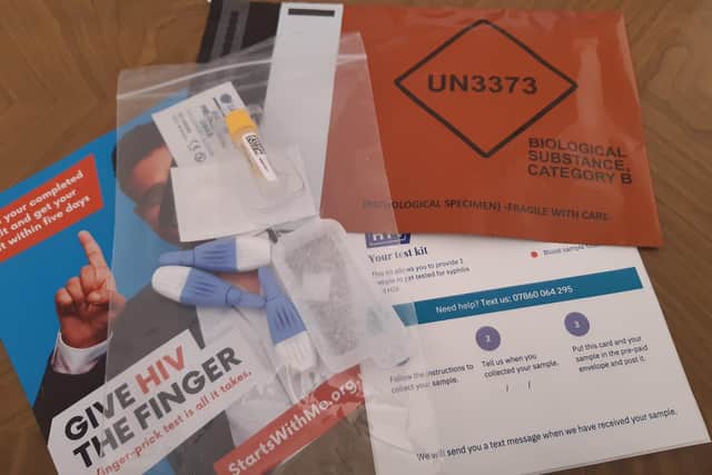 A HIV test pack, including a plastic blood vial, antibacterial wipes, lancets, a laboratory card, a sealable envelope and a set of instructions