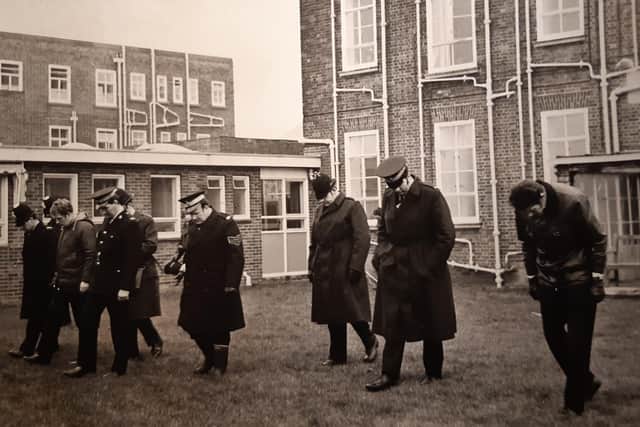 Police search the hospital grounds outside Blackpool Victoria Hospital where the children’s ward was situated