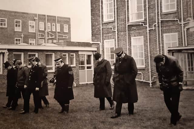 Police search the hospital grounds outside Blackpool Victoria Hospital where the children’s ward was situated