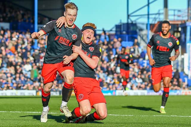 Paddy Lane (left) celebrates scoring Fleetwood's third goal at Portsmouth with Callum Camps
:Picture: SAM FIELDING / PRiME MEDIA IMAGES