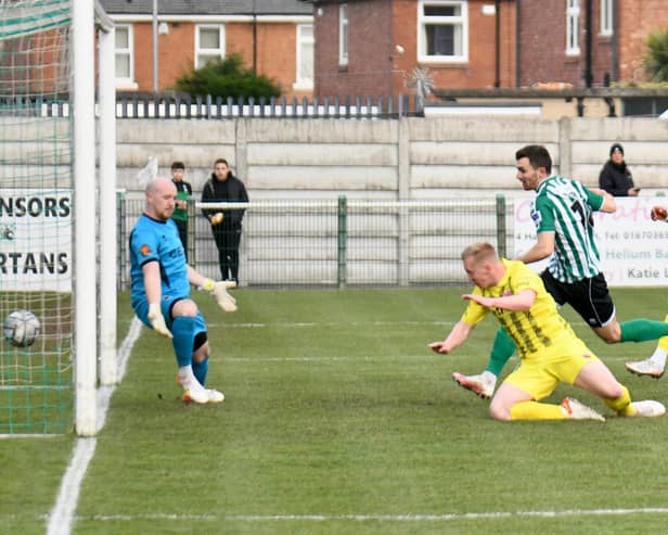 Mark Cullen scores his first Fylde goal on his full debut at Blyth
Picture: STEVE MCLELLAN