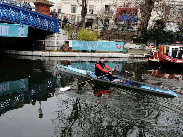 Burnley's Radio 1 DJ and TV reality star Jordan North set off on his epic 100 mile rowing challenge today with foghorn blasts and bagpipes playing.