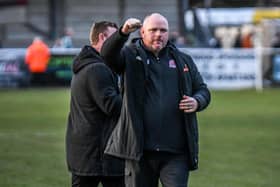 Jim Bentley celebrates a much-needed Fylde victory at Blyth Spartans
Picture: STEVE MCLELLAN