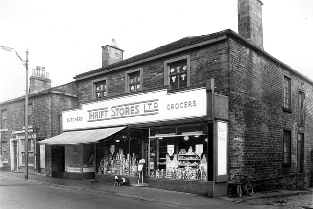 Thrift Stores Ltd on Upper Town Street pictured in February 1960. Large plate glass windows display the produce and groceries, and the butchers department can be seen, left.