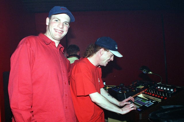 Reds/Harlequinns nightclub, 1999 - resident DJ Martin Robinson (left) and deck controller Sam Thornycroft.