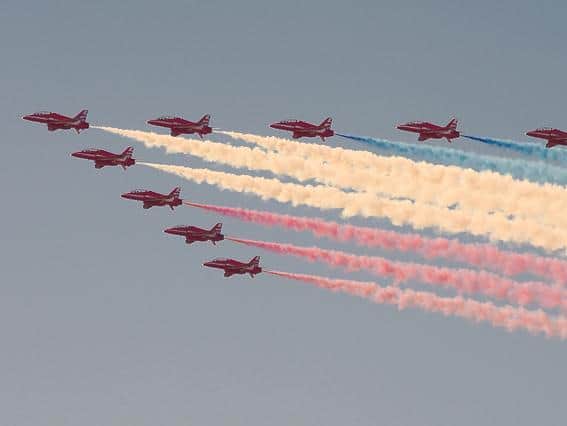 The Red Arrows flying their BAE Hawk jets in formation during their display at the 2017 Blackpool Air Show. (Photo by David Dixon)