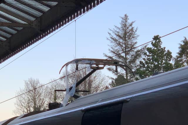 Plastic ribbon attached to the train's pantograph