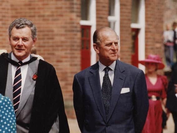Prince Philip with Richard Rhodes, Headmaster of Rossall School, back in 1994.