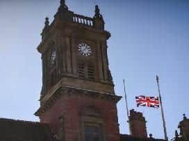 The Union Jack flies at half mast on Blackpool Town Hall