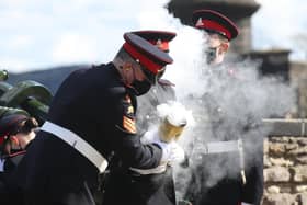 Members of the 105th Regiment Royal Artillery fire a 41-round gun salute at Edinburgh Castle, to mark the death of the Duke of Edinburgh. Picture date: Saturday April 10, 2021. Picture: PA Wire/PA Images/Andrew Milligan