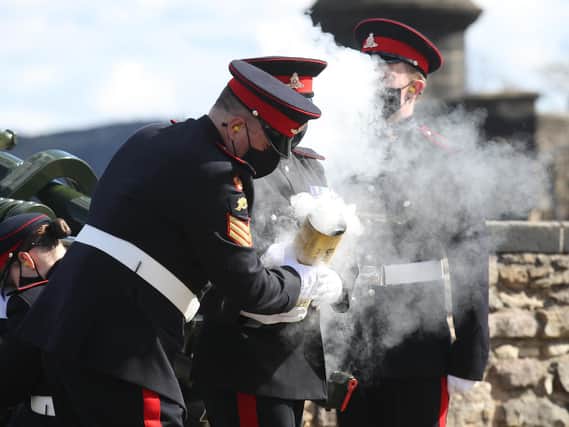 Members of the 105th Regiment Royal Artillery fire a 41-round gun salute at Edinburgh Castle, to mark the death of the Duke of Edinburgh. Picture date: Saturday April 10, 2021. Picture: PA Wire/PA Images/Andrew Milligan