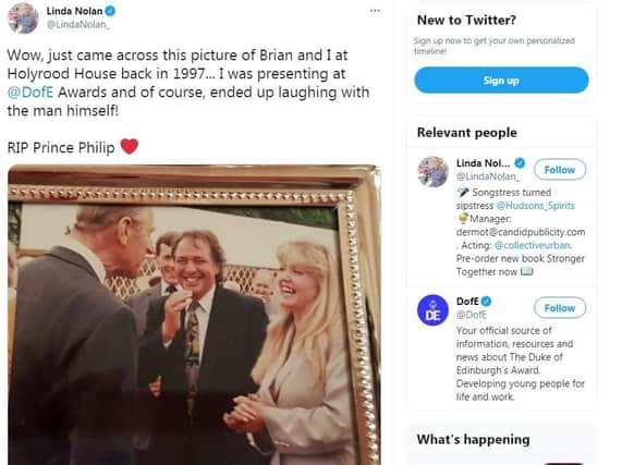Linda Nolan shared a picture of herself and her late husband Brian Hudson with Prince Philip in 1997 (Picture: Twitter/Linda Nolan)