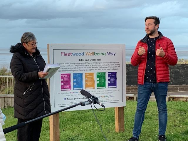 Coun Christine Smith and Martyn Kenyon from Hearing Loss UK at the start of Fleetwood Wellbeing Way