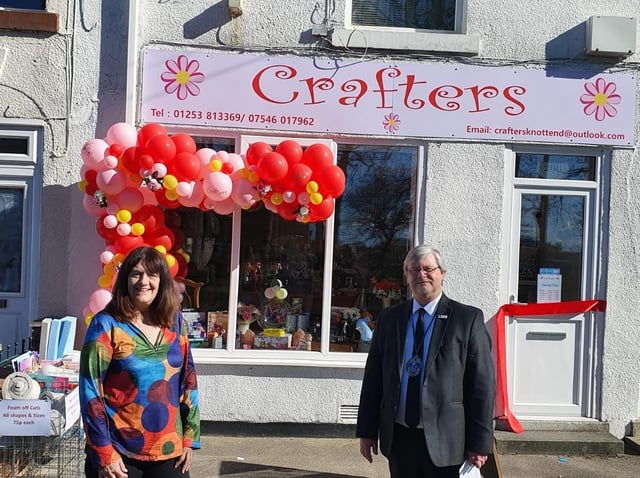 Karen Phillips outside her new shop, Crafters, with Mayor of Knott End, Coun Phil Orme