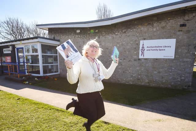 Library customer service advisor Ann Knowles, from Anchorsholme Library, was jumping for joy when the building was able to reopen earlier this week. Photo: Daniel Martino for JPI Media