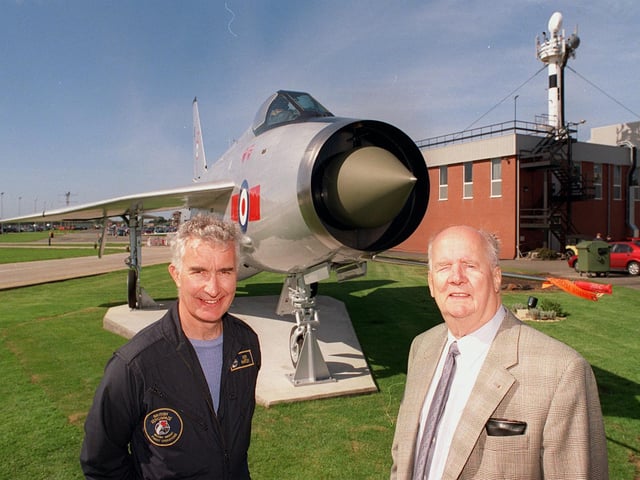 Keith Hartley with former test pilot Johnny Squiers at the unveiling of a refurbished Lightning in 1999