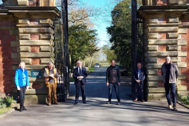 Fylde MP Mark Menzies reopens the Hall grounds at the Ballam Road gates, accompanied by Hall management, staff and volunteers