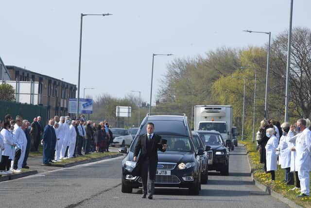 Employees at the Fisherman's Friend factory in Fleetwood are among those paying respects when the funeral cortege of  their former boss, Doreen Lofthouse, passes by.