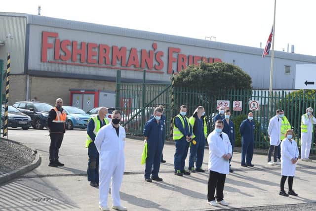 Paying respects outside the Fisherman's Friend factory on Copse Road, Fleetwood
