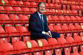 Labour Leader Keir Starmer sits in social distanced seating during a visit of Walsall Football Club on September 19, 2020 in Walsall, England.