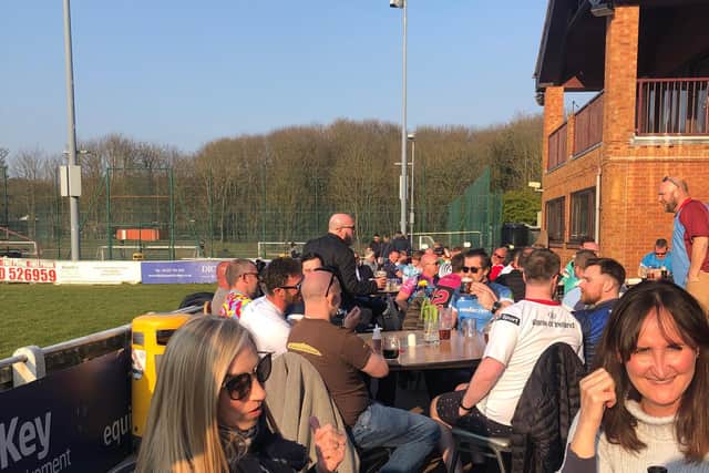 Enjoying the sun outside the reopened Fylde RFC clubhouse