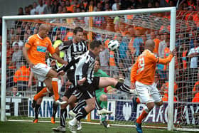 DJ Campbell scores Blackpool's goal against Newcastle United at Bloomfield Road