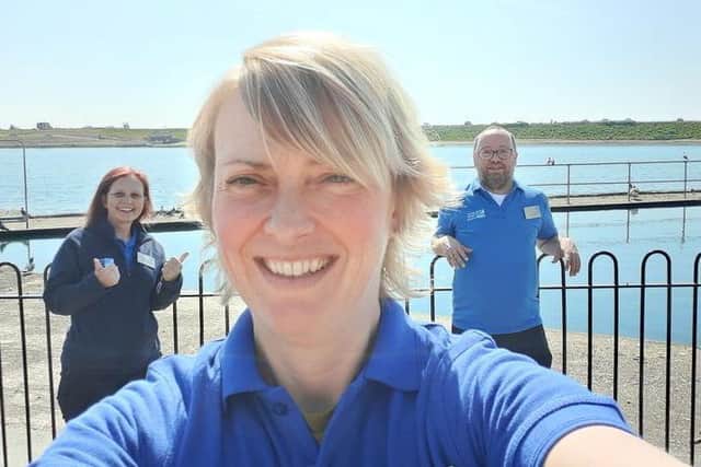 Learning and visitor experience officer Jo Taylor and RSPB colleagues Ben Hall and Liz McKenzie outside the centre