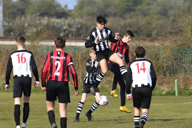 High-flying Hogan Cup action between Poulton Under-16s and Wyre Juniors