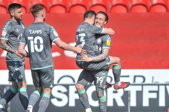 Fleetwood Town celebrate Barrie McKay's winning goal at Doncaster