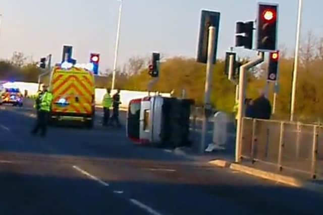 An overturned car at the scene of the crash in Amounderness Way, Cleveleys shortly after 7pm last night (Sunday, April 25)