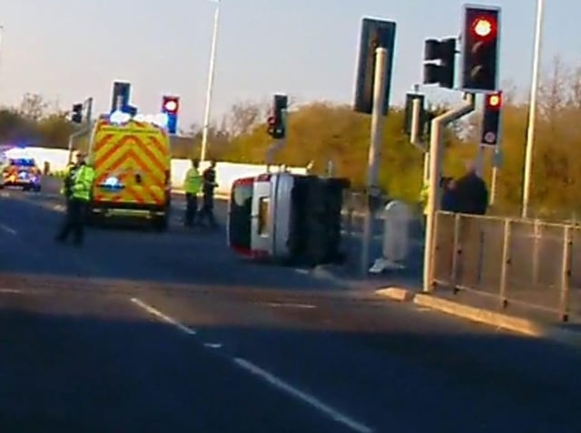 An overturned car at the scene of the crash in Amounderness Way, Cleveleys shortly after 7pm last night (Sunday, April 25)