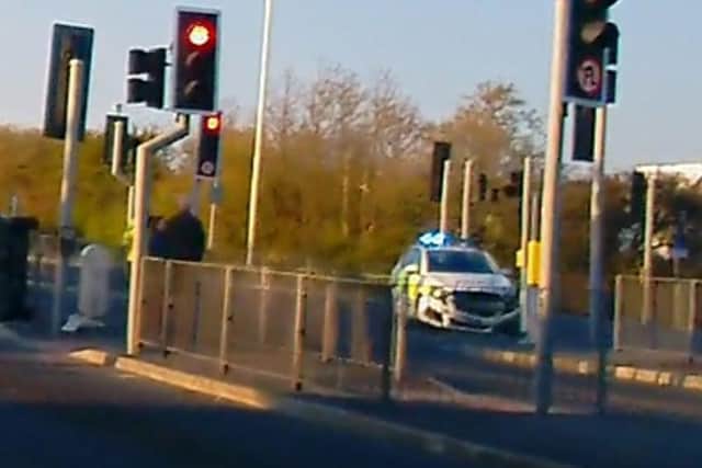 The damaged police car which was involved in a crash in Amounderness Way, Cleveleys which shut the road between 7pm and 9.30pm last night (Sunday, April 25)