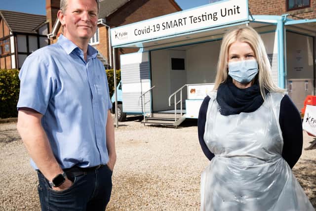 Richard Hurt, Fylde Council’s health Protection practitioner, at the mobile unit with SMART tester Rachel Higginbotham