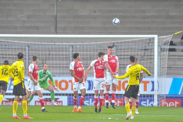 Joe Powell curls home a free-kick for Burton's second goal against Fleetwood