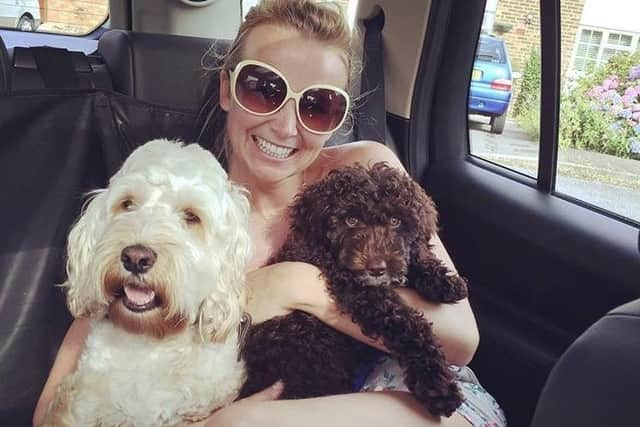 Actress Carley Stenson, from Billinge, near Wigan, with her dogs. Carley is on the celebrity judging panel which will choose 11 dogs nationwide to become therapy pets for Sue Ryder, including the charity's centre in Fulwood, Preston