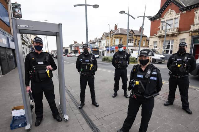 Blackpool Police officers with the knife arch on Lytham Road